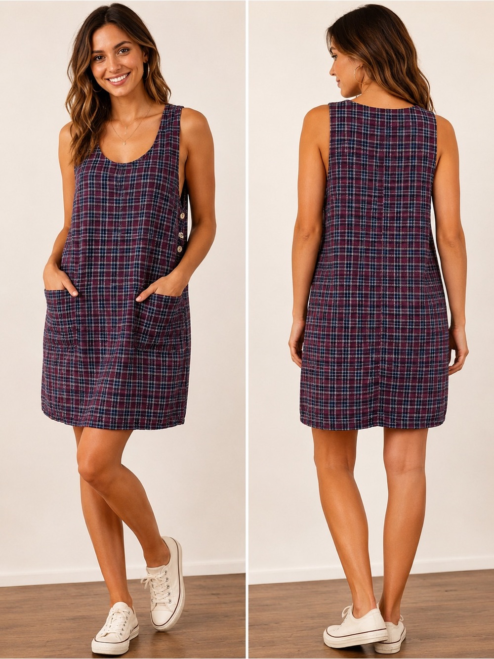 Vintage 90s Bryn Connelly Plaid Jumper Dress M Cotton Pockets Cottagecore Preppy